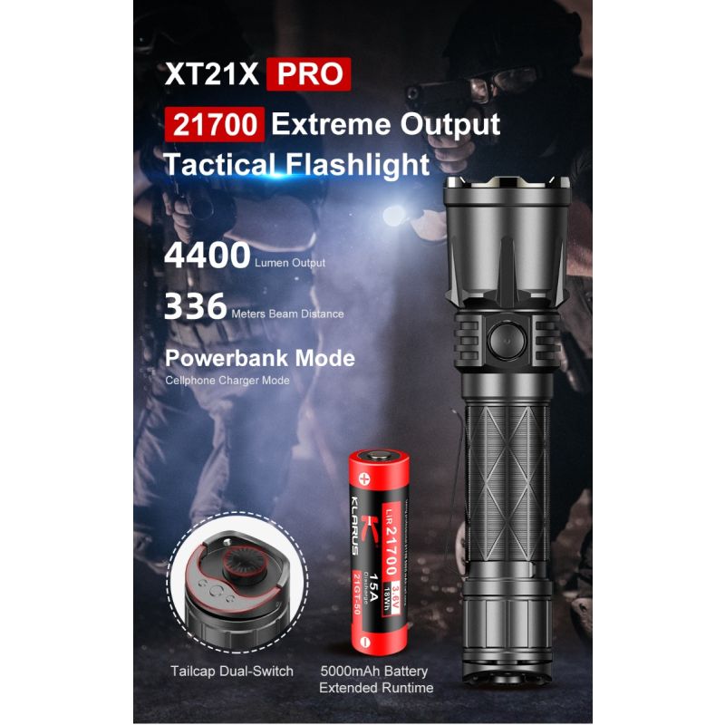 Linterna Klarus XT21X Pro LED XHP70.2 4400 lúmenes versátil alto rendimiento batería duradera recargable