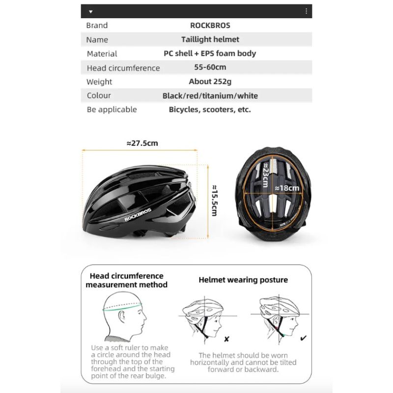 Casco de bicicleta ROCKBROS ultraligero con luz trasera LED recargable ideal para ciclismo urbano y MTB