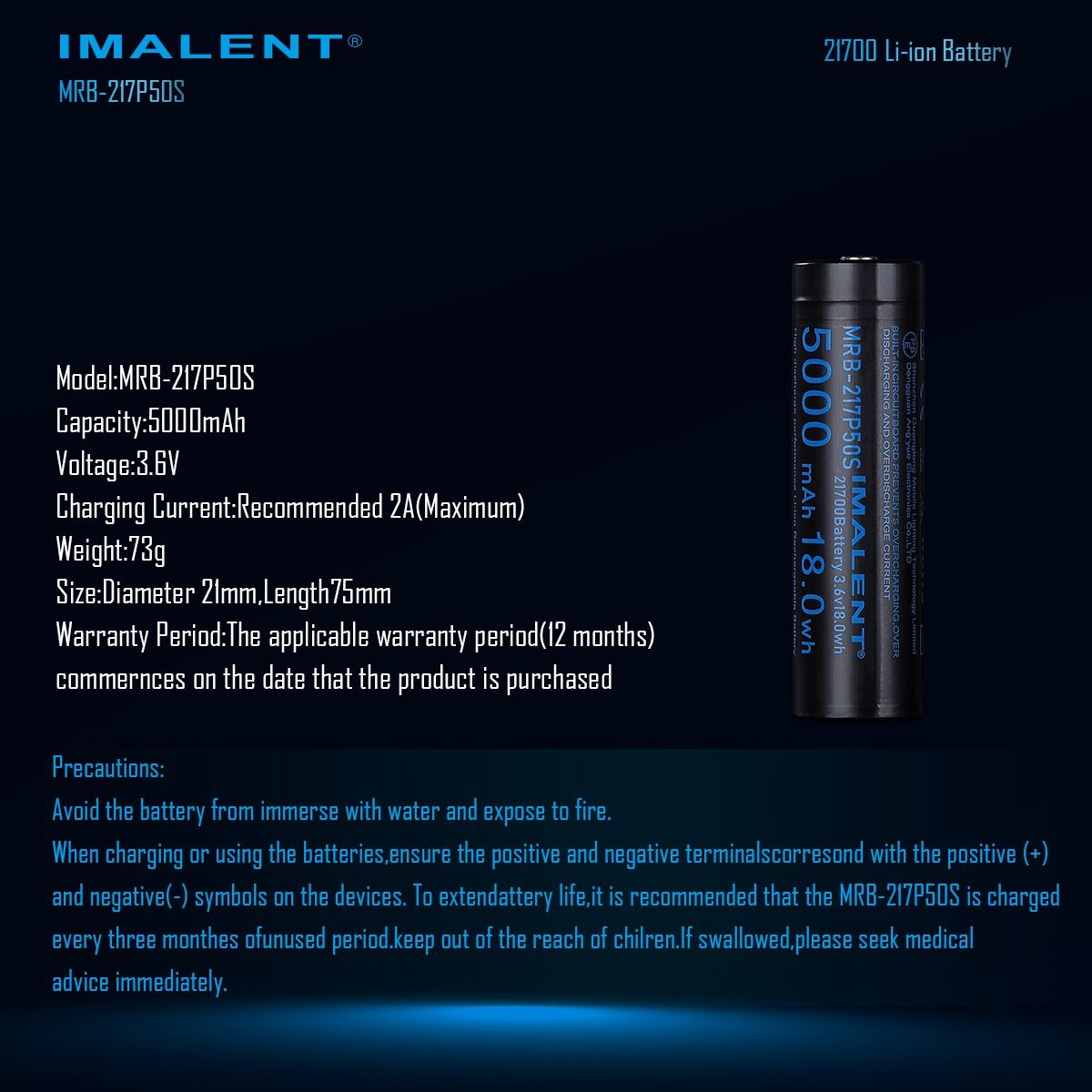 Batería Recargable IMALENT MRB-217P50S 21700 Li-ion 5000mAh 3.6V. Energía Fiable para Linternas LED.