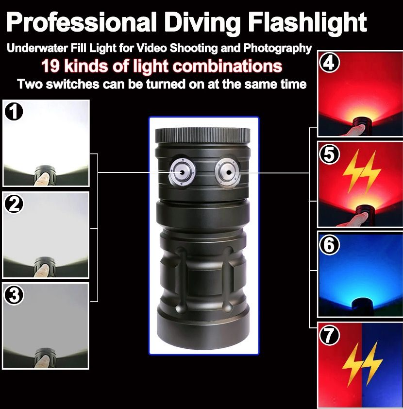Linterna de buceo Highlight Torch 10000 lúmenes, linterna táctica de buceo, impermeable hasta 100 m, aventura submarina.