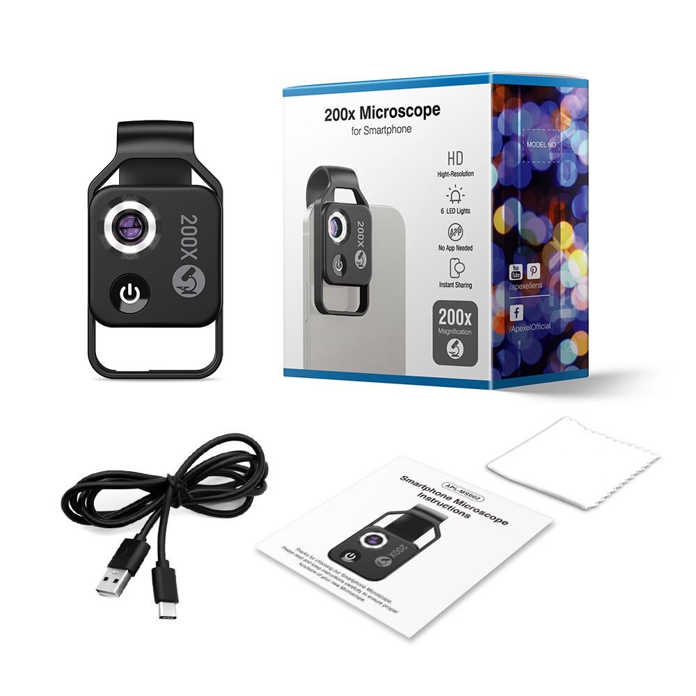 APEXEL 200X Lente de Microscopio con Luz LED Móvil CPL para iPhone Samsung Perfecto para Fotografía Macro