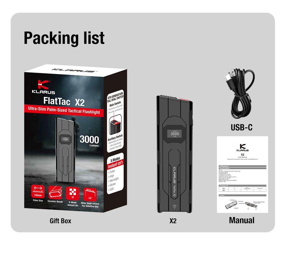 Klarus X2 Linterna Táctica EDC Ultradelgada, 3000 Lúmenes Recargable USB-C, Potente y Compacta para Bolsillo