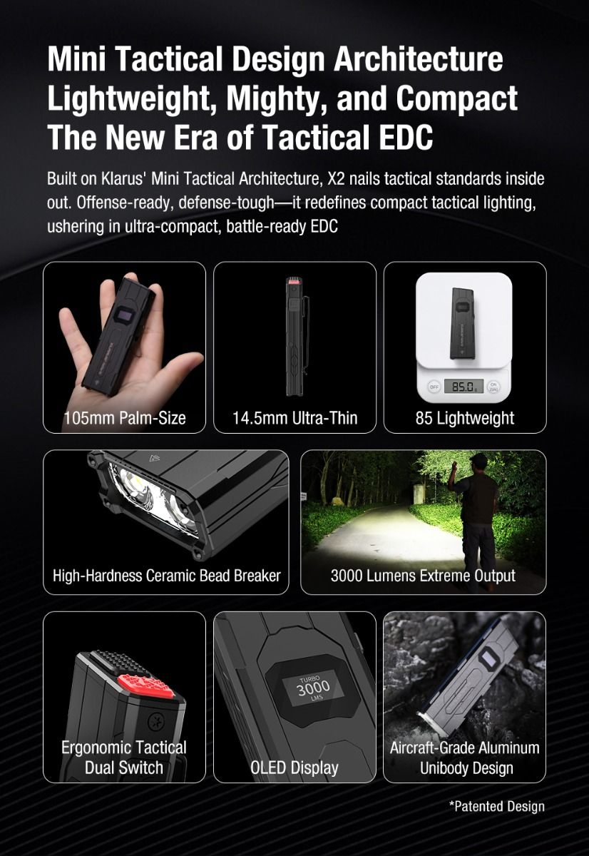 Klarus X2 Linterna Táctica EDC Ultradelgada, 3000 Lúmenes Recargable USB-C, Potente y Compacta para Bolsillo