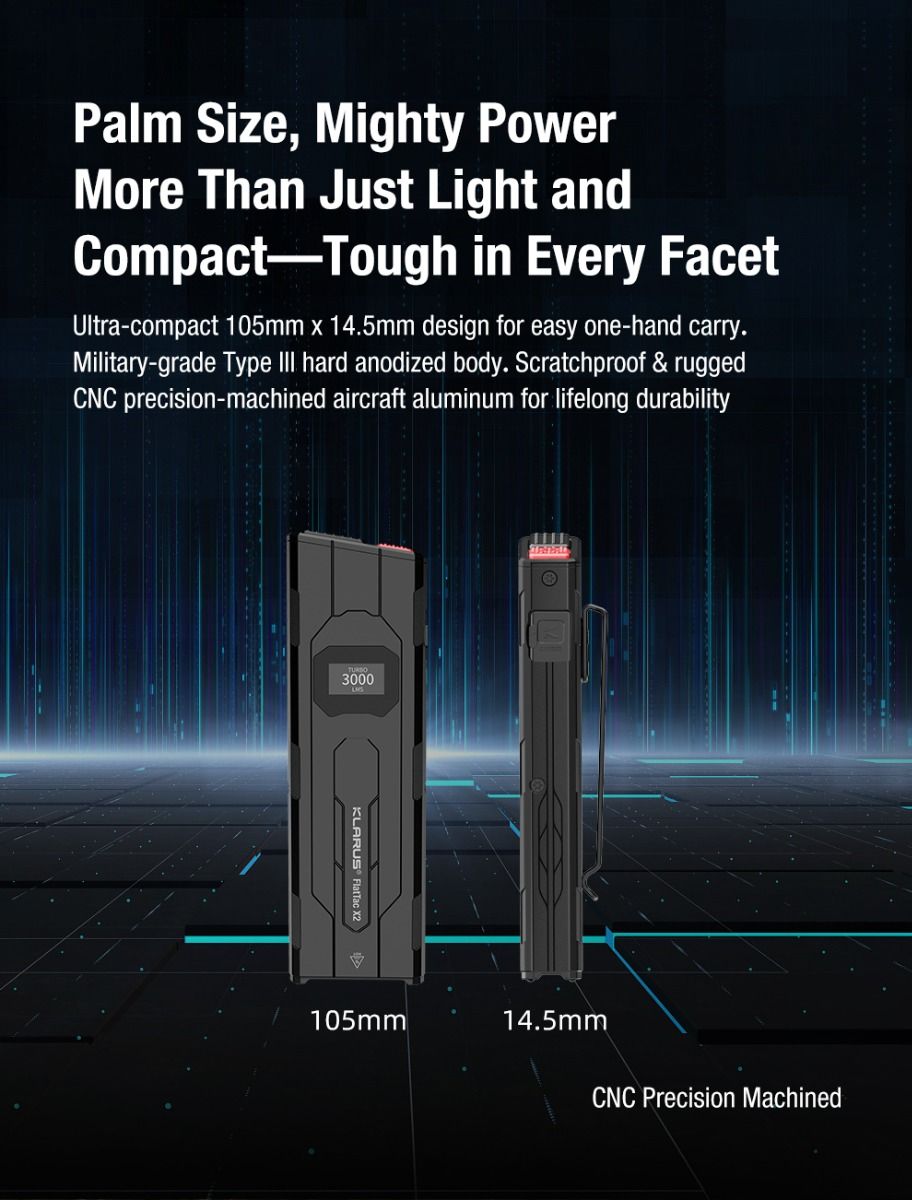 Klarus X2 Linterna Táctica EDC Ultradelgada, 3000 Lúmenes Recargable USB-C, Potente y Compacta para Bolsillo