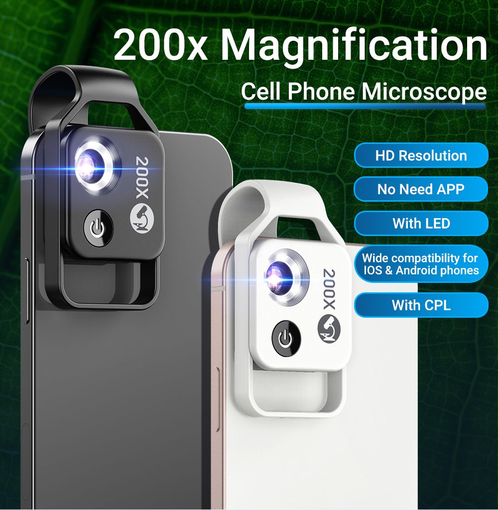 APEXEL 200X Lente de Microscopio con Luz LED Móvil CPL para iPhone Samsung Perfecto para Fotografía Macro