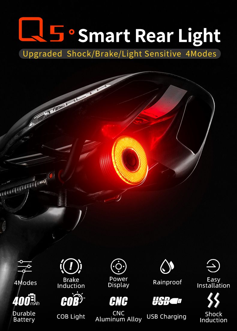 ROCKBROS Q5 Luz inteligente para bicicleta con freno automático, luz trasera LED con detección de freno, IPX6 impermeable, equipo de seguridad para ciclismo