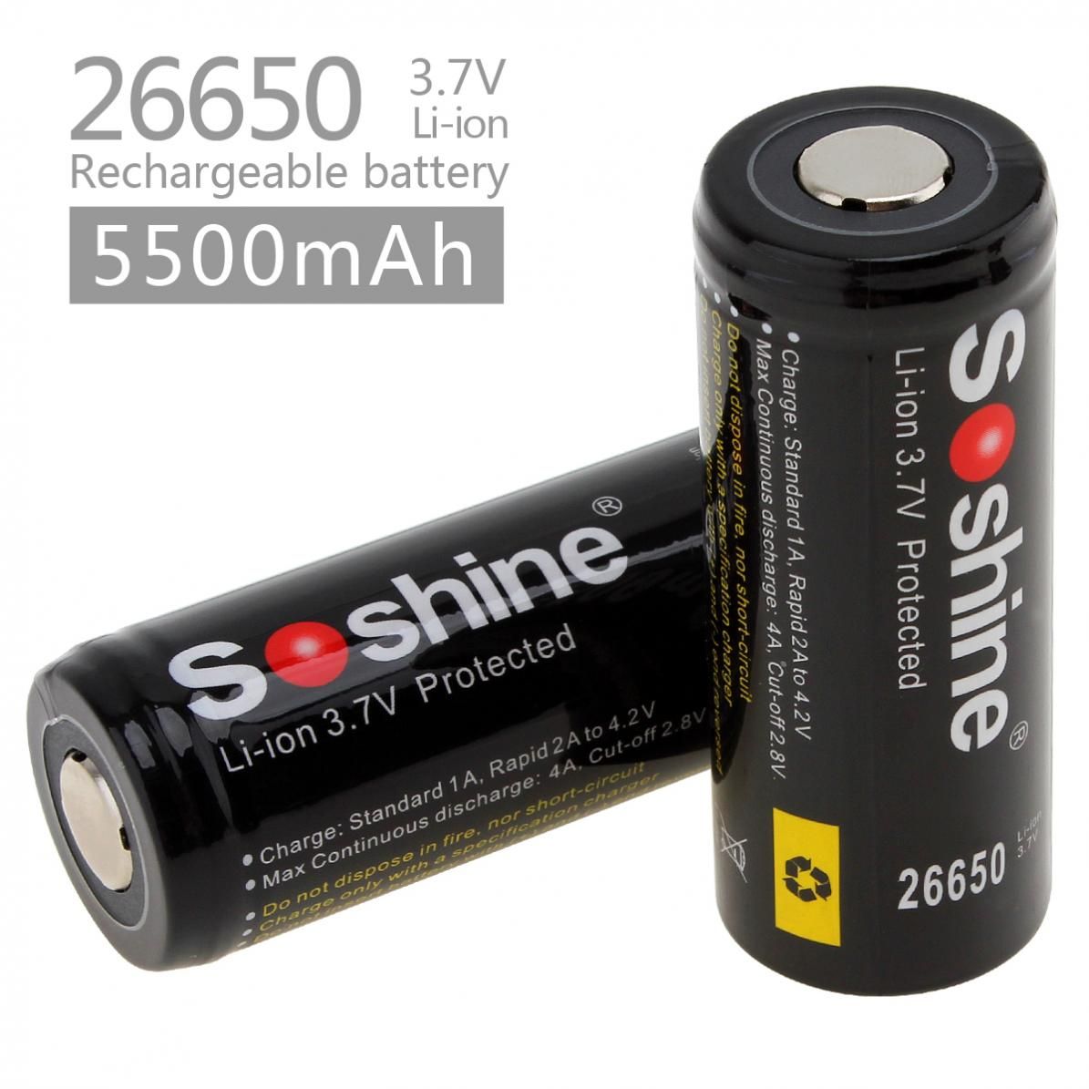 Soshine 26650 5500mAh Baterías Recargables de Iones de Litio Paquete de 2 para Linternas y Herramientas Eléctricas, Uso de Larga Duración