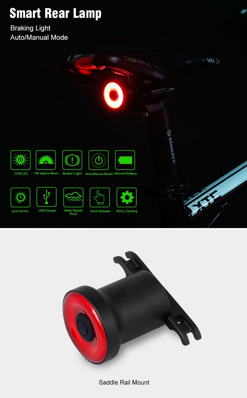Xlite100 Luz Trasera Inteligente para Bicicleta, Recargable por USB, Luz Trasera de Ciclismo, Visibilidad, Súper Brillante LED COB