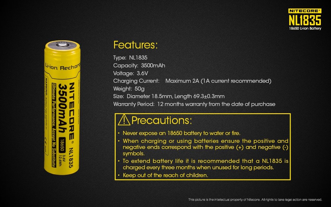 Nitecore 18650 NL1835 3500mAh Batería recargable de iones de litio para energía duradera y rendimiento confiable