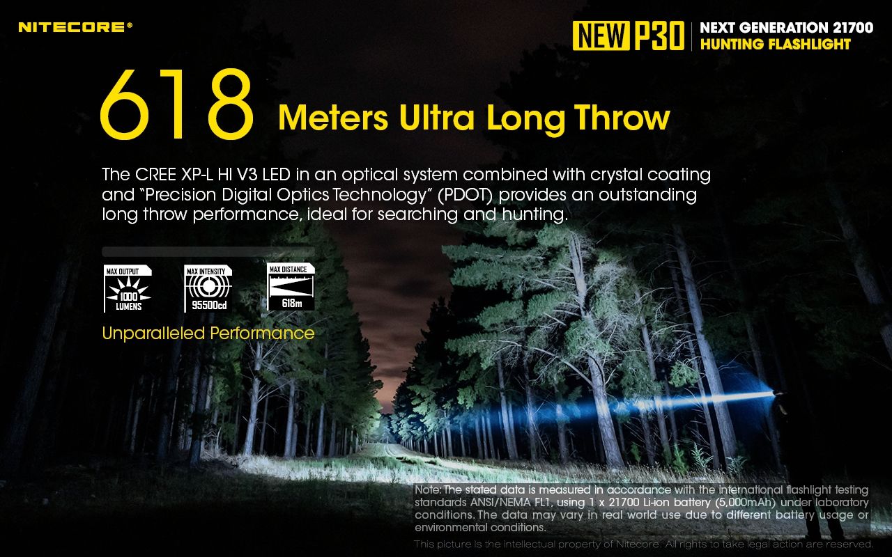 Linterna LED Nitecore P30 XP-L HI V3 1000 lúmenes haz 618 metros linterna de alto rendimiento búsqueda y rescate