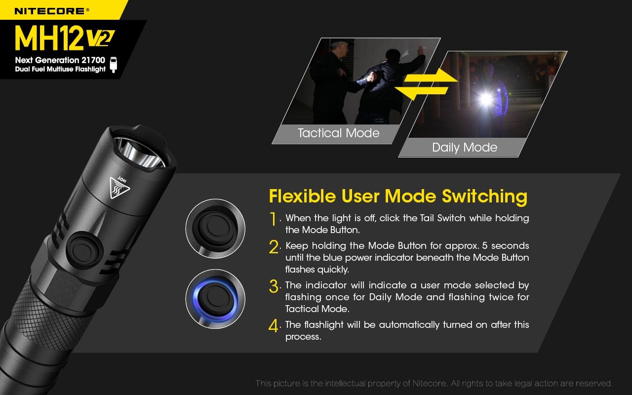 Nitecore MH12 V2 XP-L2 V6 Linterna LED 1200 Lúmenes Iluminación Portátil Brillante para Exteriores Iluminación Confiable