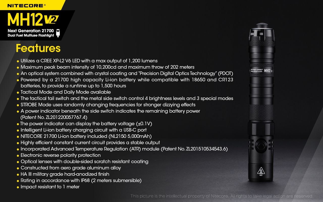 Nitecore MH12 V2 XP-L2 V6 Linterna LED 1200 Lúmenes Iluminación Portátil Brillante para Exteriores Iluminación Confiable
