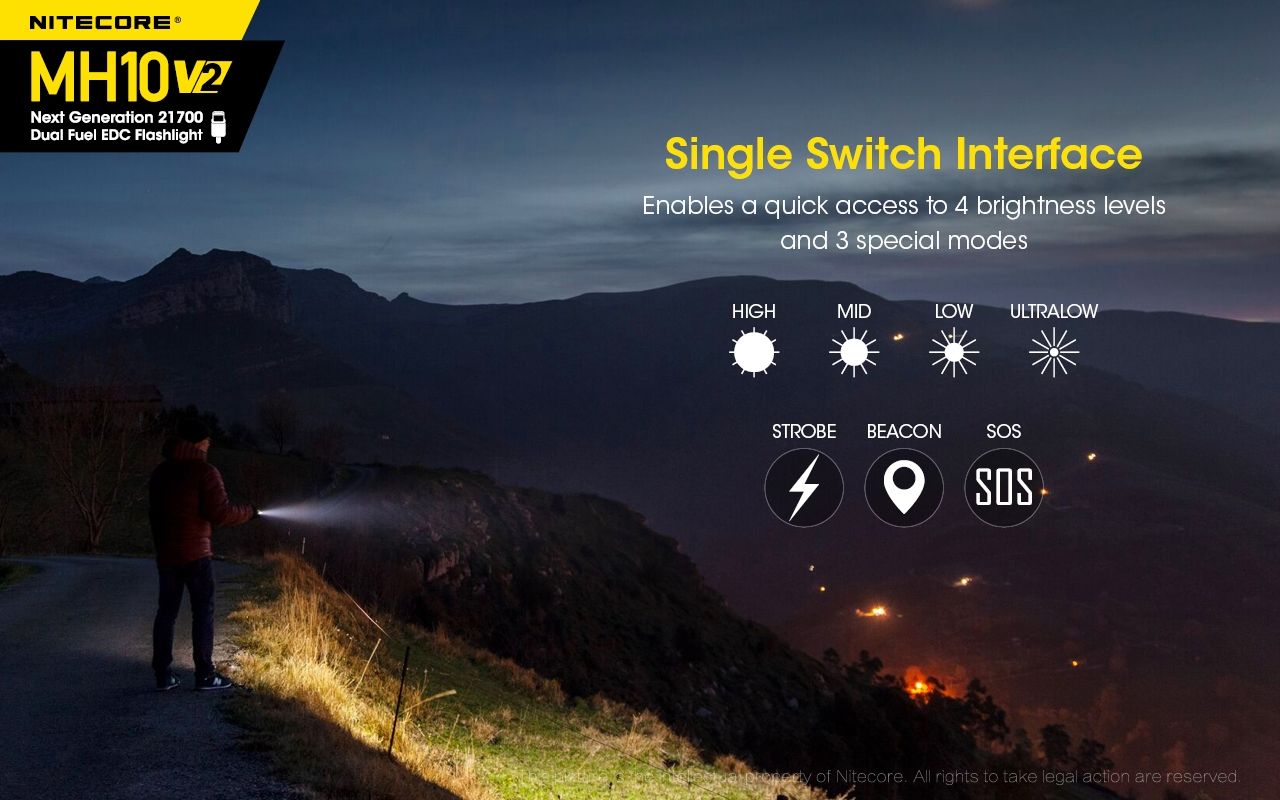 Linterna Nitecore MH10 V2 XP-L2 V6 1200 lúmenes LED carga USB-C diseño compacto materiales alta calidad