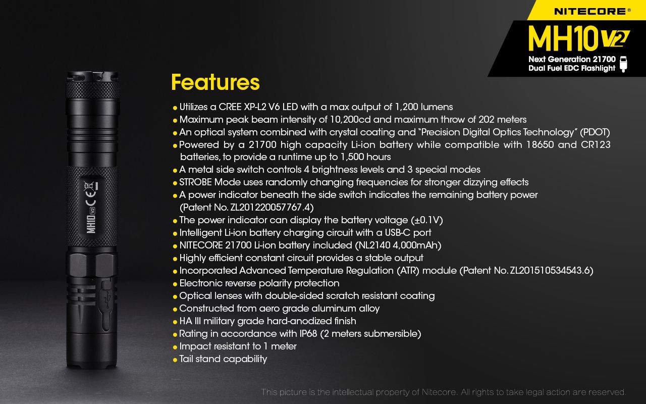 Linterna Nitecore MH10 V2 XP-L2 V6 1200 lúmenes LED carga USB-C diseño compacto materiales alta calidad