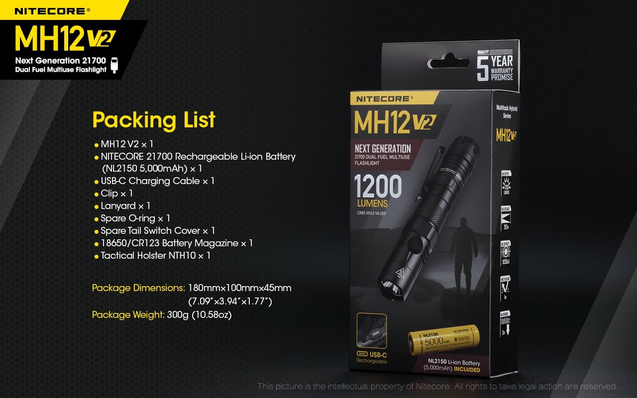 Nitecore MH12 V2 XP-L2 V6 Linterna LED 1200 Lúmenes Iluminación Portátil Brillante para Exteriores Iluminación Confiable