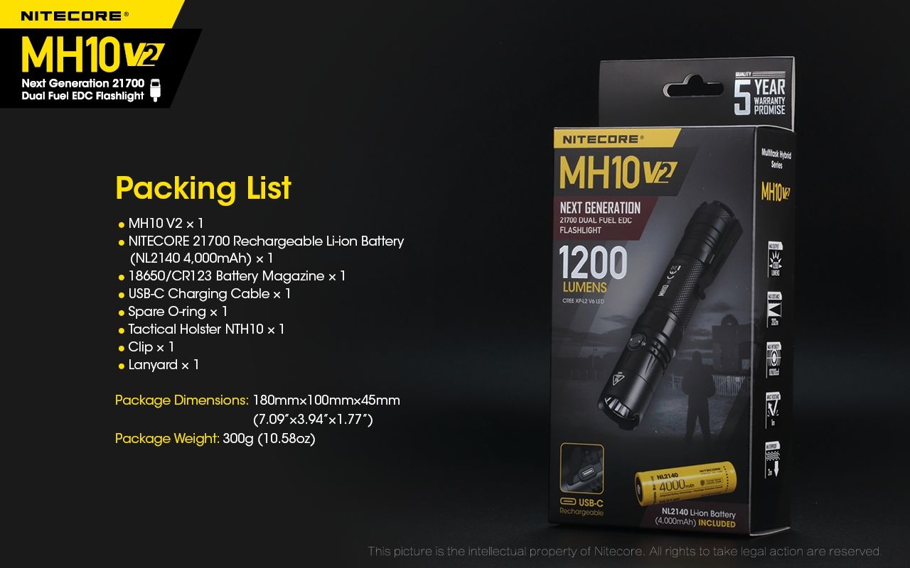 Linterna Nitecore MH10 V2 XP-L2 V6 1200 lúmenes LED carga USB-C diseño compacto materiales alta calidad