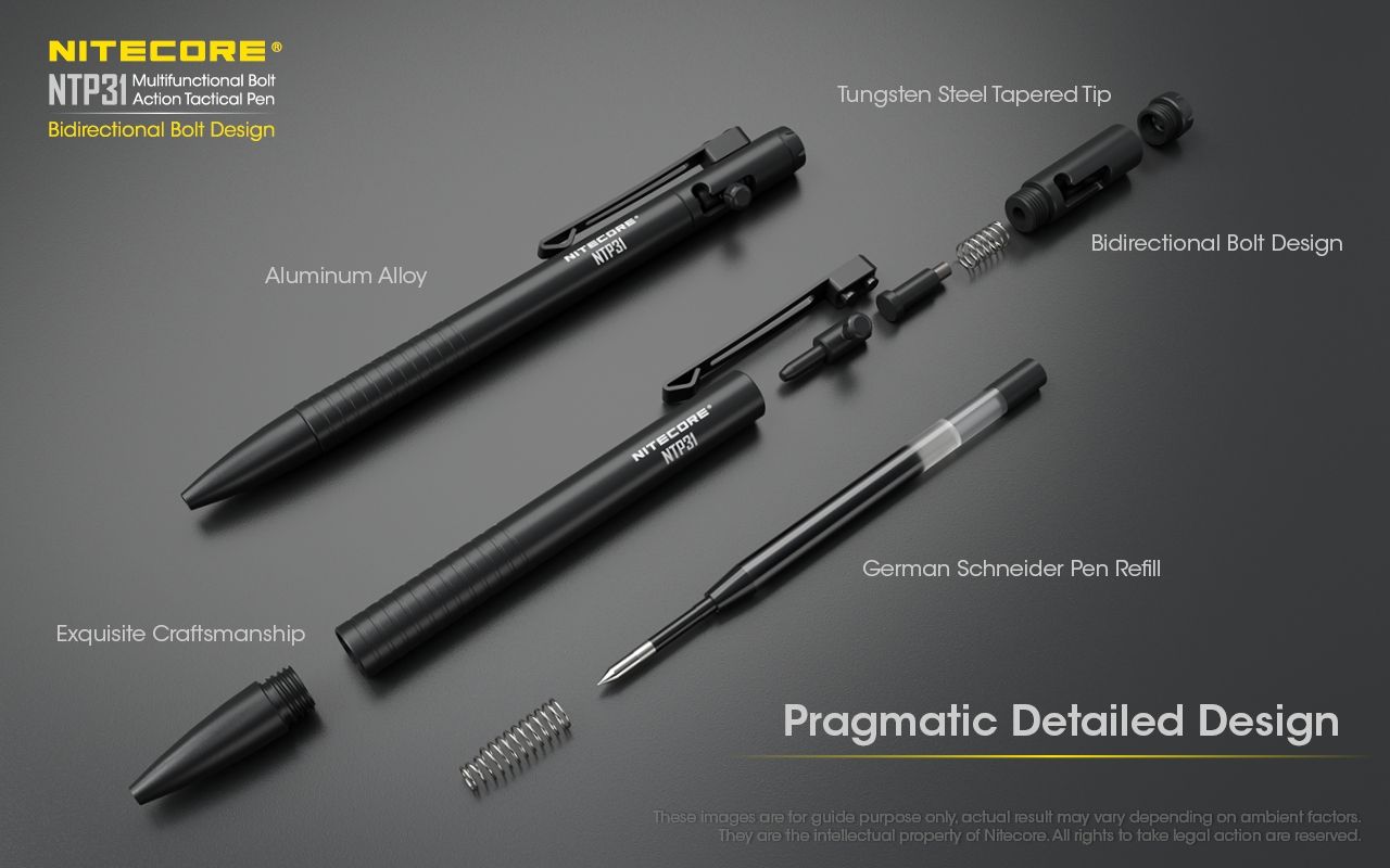 NITECORE NTP31 Bolígrafo Táctico Ergonómico de Acción de Perno, Aleación de Aluminio Duradera, Rompevidrios Multifuncional