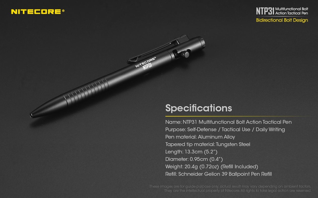 NITECORE NTP31 Bolígrafo Táctico Ergonómico de Acción de Perno, Aleación de Aluminio Duradera, Rompevidrios Multifuncional