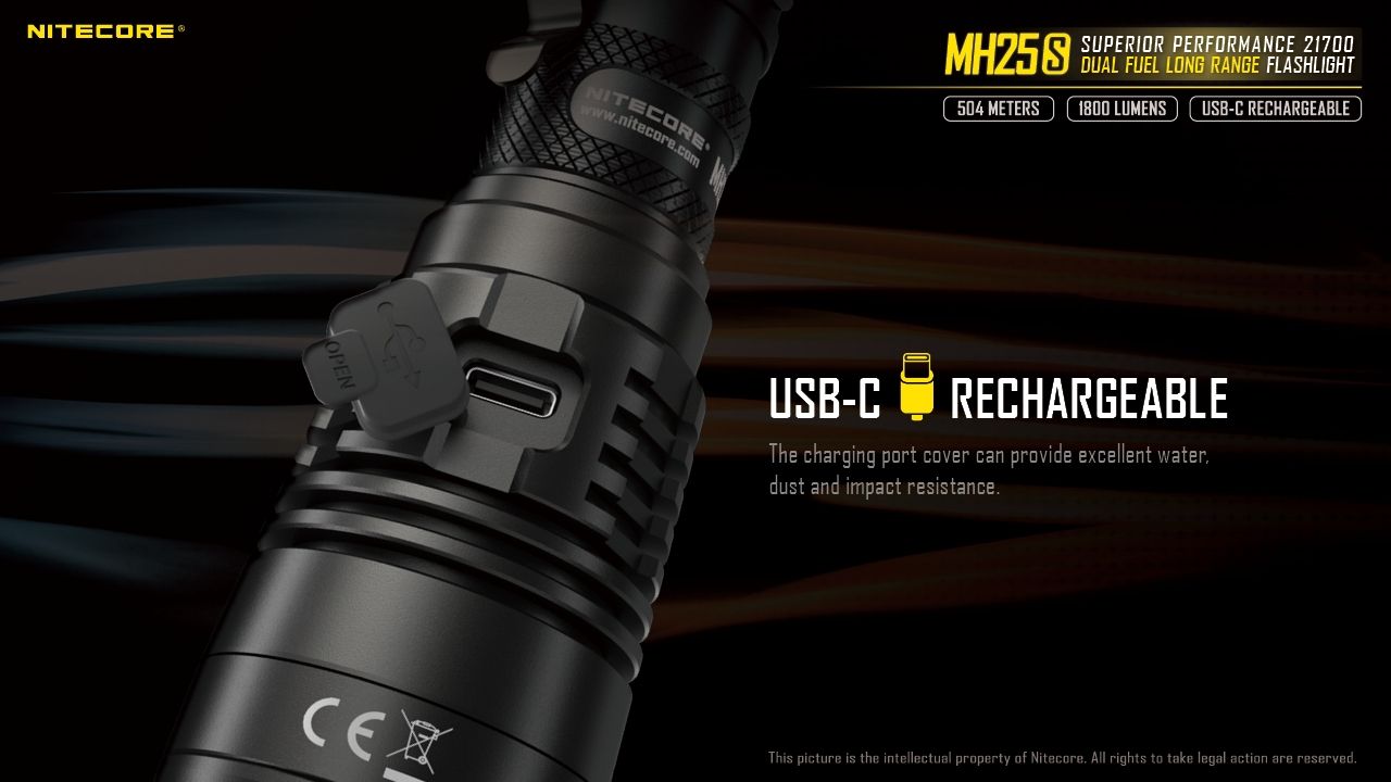 Linterna Nitecore MH25S 1800 lúmenes, recargable por USB-C, LED de alto brillo para aventuras al aire libre y reparaciones