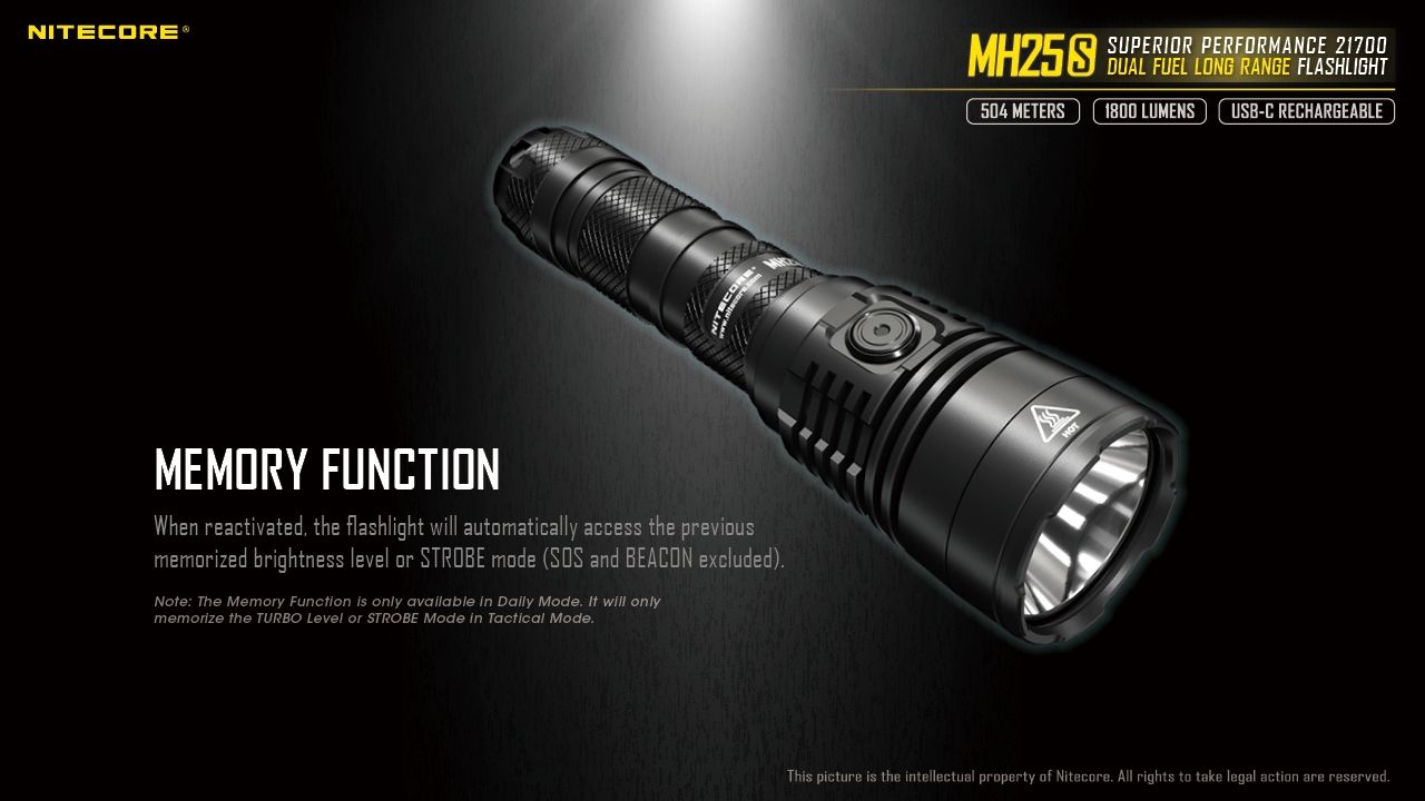 Linterna Nitecore MH25S 1800 lúmenes, recargable por USB-C, LED de alto brillo para aventuras al aire libre y reparaciones