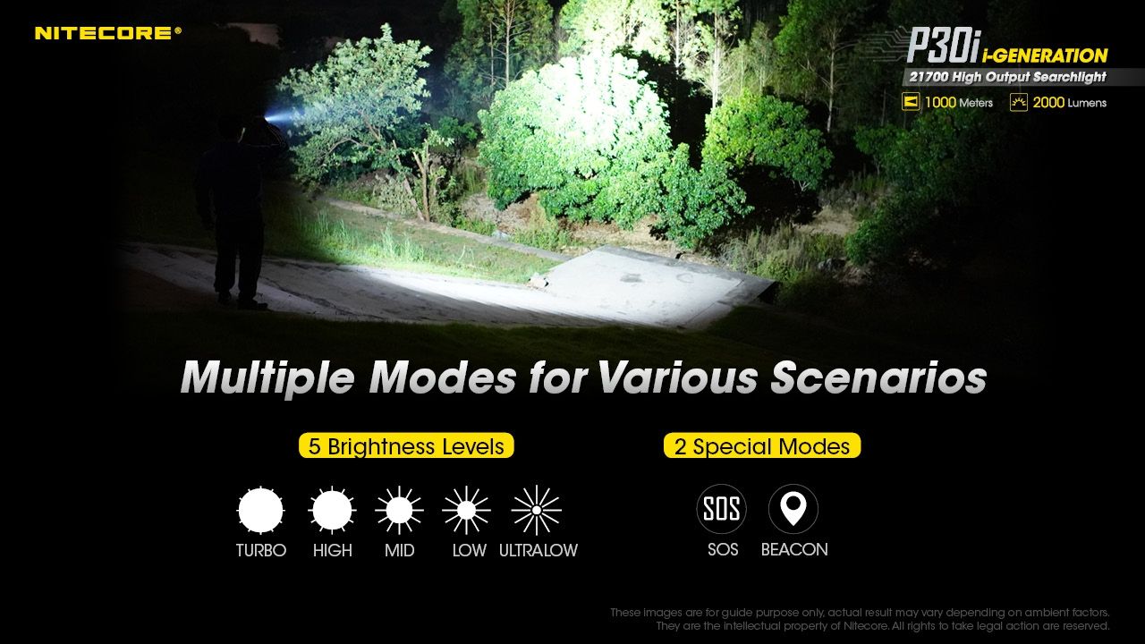 Explora la linterna táctica Nitecore P30i con LED XHP35 HI de 2000 lúmenes y haz de 1000 metros, iluminación robusta para exteriores.