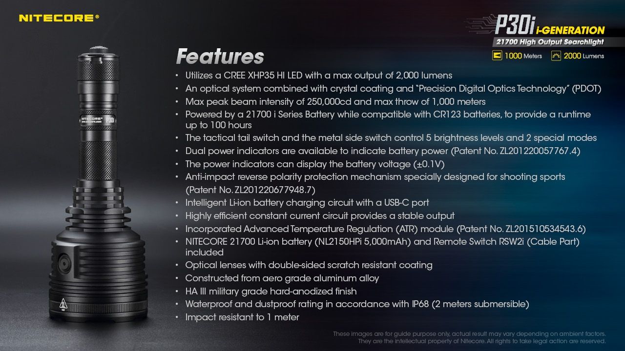 Explora la linterna táctica Nitecore P30i con LED XHP35 HI de 2000 lúmenes y haz de 1000 metros, iluminación robusta para exteriores.