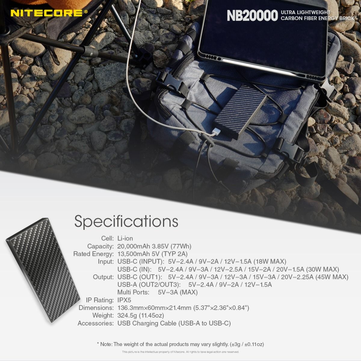 Nitecore NB20000 QC Puerto Dual Banco de Energía 20000mAh Ligero Carga Rápida USB USB-C Cargador para Smartphone