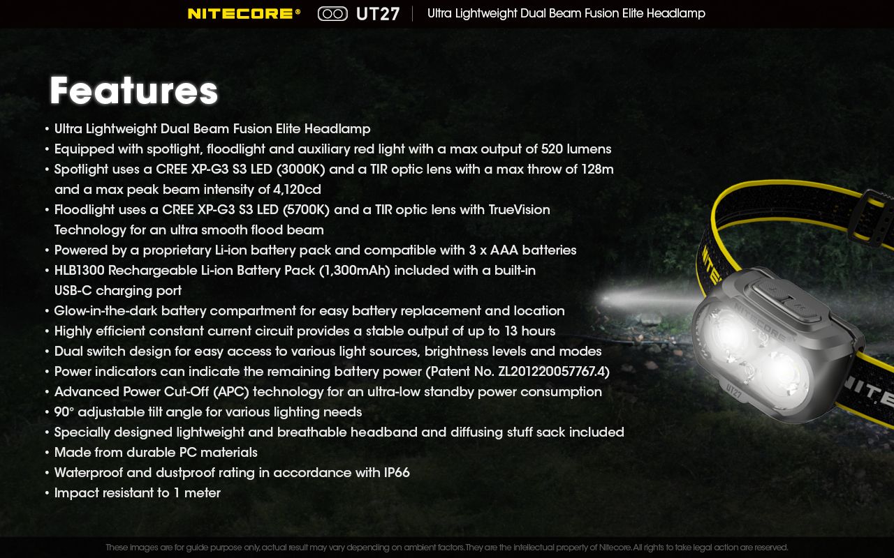 Nitecore UT27 Linterna frontal LED 520 lúmenes 2 x XP-G3 S3 Tech Diseño robusto Modos versátiles para aventuras nocturnas
