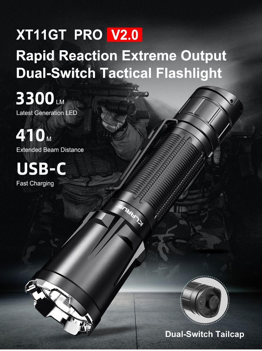 Klarus XT11GT PRO V2.0 Linterna recargable USB-C de 3300 lúmenes, luz táctica para uso en exteriores y emergencias.