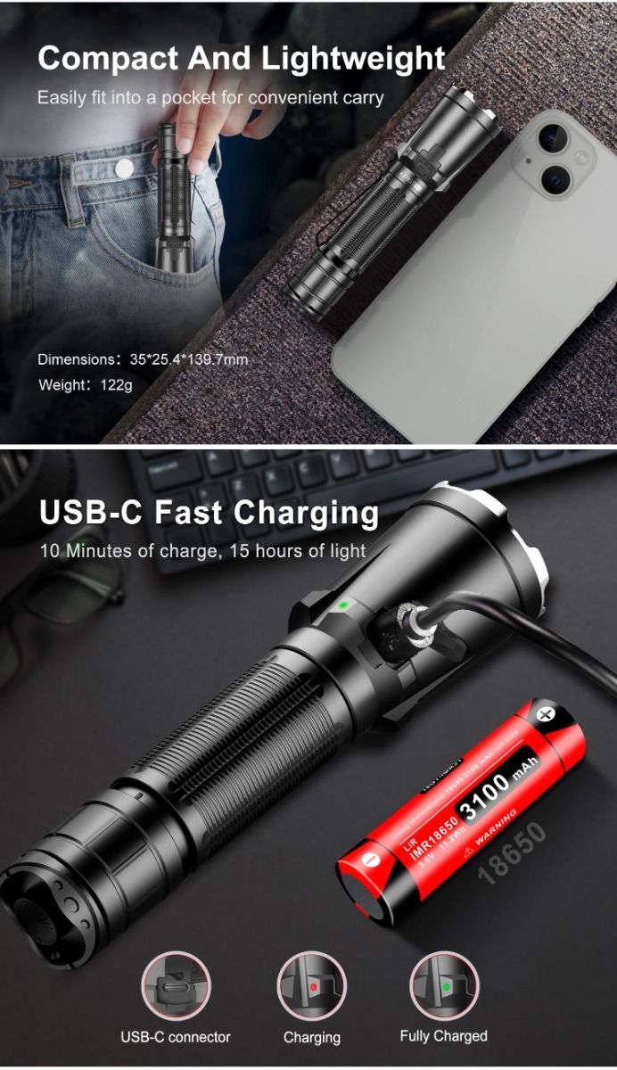 Klarus XT11GT PRO V2.0 Linterna recargable USB-C de 3300 lúmenes, luz táctica para uso en exteriores y emergencias.