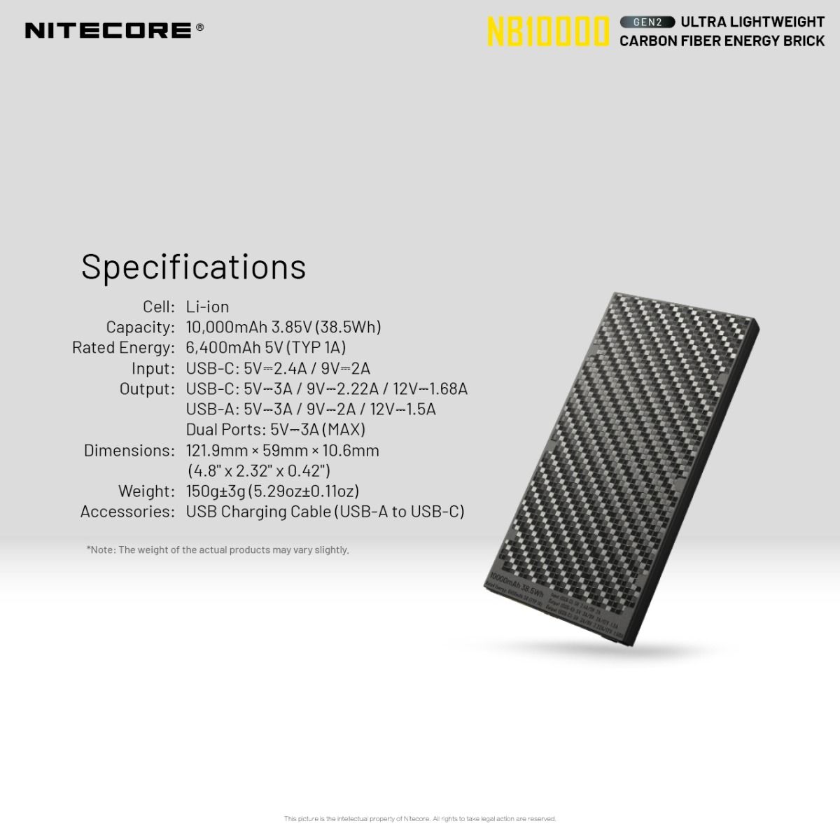 Nitecore NB10000 Gen II Ultra-slim 10000mAh Power Bank con QC Quick-Charge Cargador de Viaje Ligero