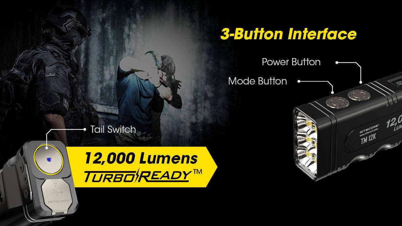 Linterna táctica NITECORE TM12K 12000 lúmenes recargable por USB-C LED de alto brillo para aventuras al aire libre
