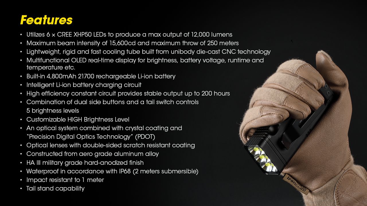 Linterna táctica NITECORE TM12K 12000 lúmenes recargable por USB-C LED de alto brillo para aventuras al aire libre