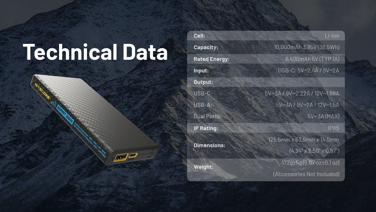 Nitecore Summit 10000 Power Bank -40°C, Batería Externa Carga Rápida, Ligera y Compacta para Senderismo/Camping