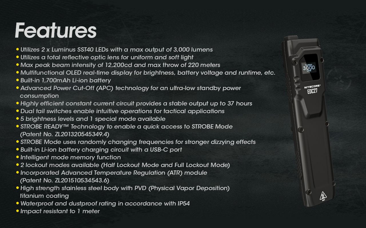 Linterna recargable NITECORE EDC27 ligera de 3000 lúmenes para aventuras al aire libre y preparación para emergencias
