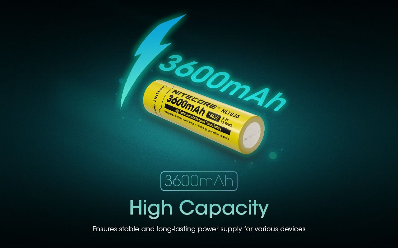 Nitecore 18650 NL1836 3600mAh Batería Recargable Li-ion | Alta Capacidad, 3.6V para Linternas