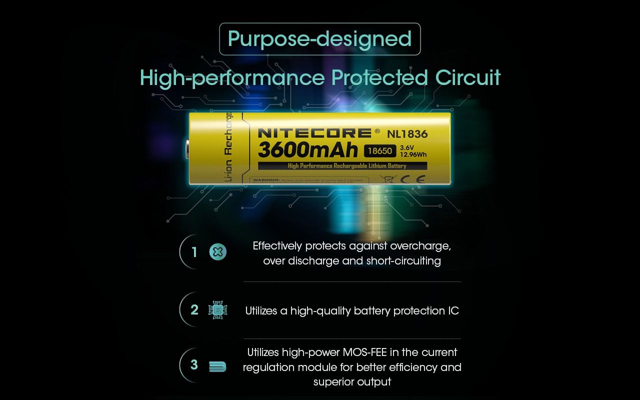 Nitecore 18650 NL1836 3600mAh Batería Recargable Li-ion | Alta Capacidad, 3.6V para Linternas