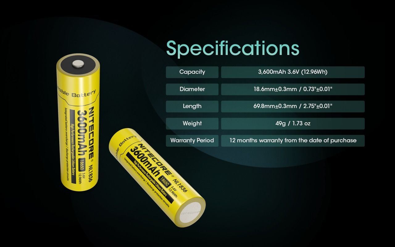Nitecore 18650 NL1836 3600mAh Batería Recargable Li-ion | Alta Capacidad, 3.6V para Linternas