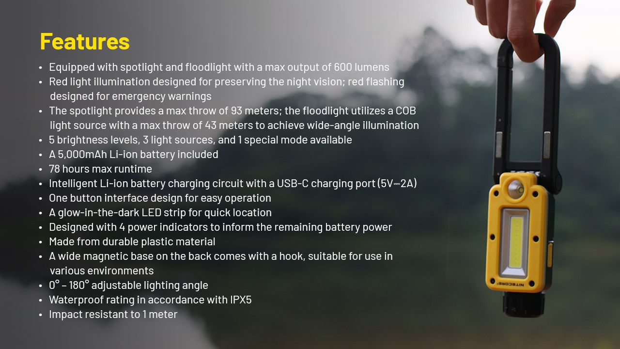 NITECORE NWL20 Foco Portátil 600 Lúmenes Iluminación Versátil con Triple Salida para Uso Exterior y de Emergencia