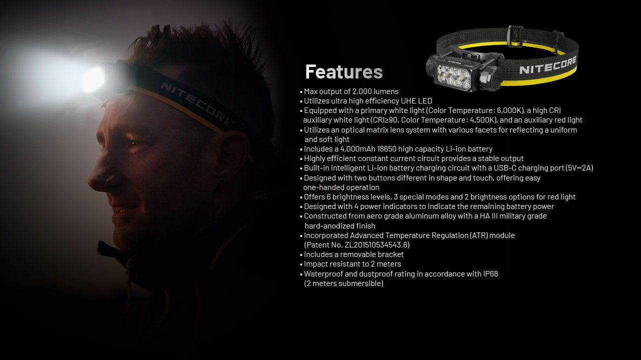 Linterna Frontal NITECORE HC65 UHE 2000 lúmenes Recargable USB-C con Larga Duración de Batería para Campamento