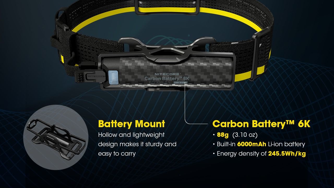 Nitecore Carbon Battery 6K Kit Extensor de autonomía para faros frontales NU40, NU43, NU45, NU50 y HC65 UHE