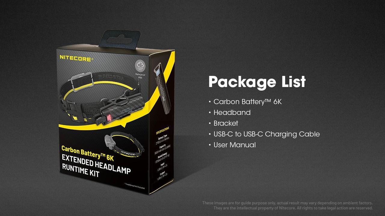 Nitecore Carbon Battery 6K Kit Extensor de autonomía para faros frontales NU40, NU43, NU45, NU50 y HC65 UHE
