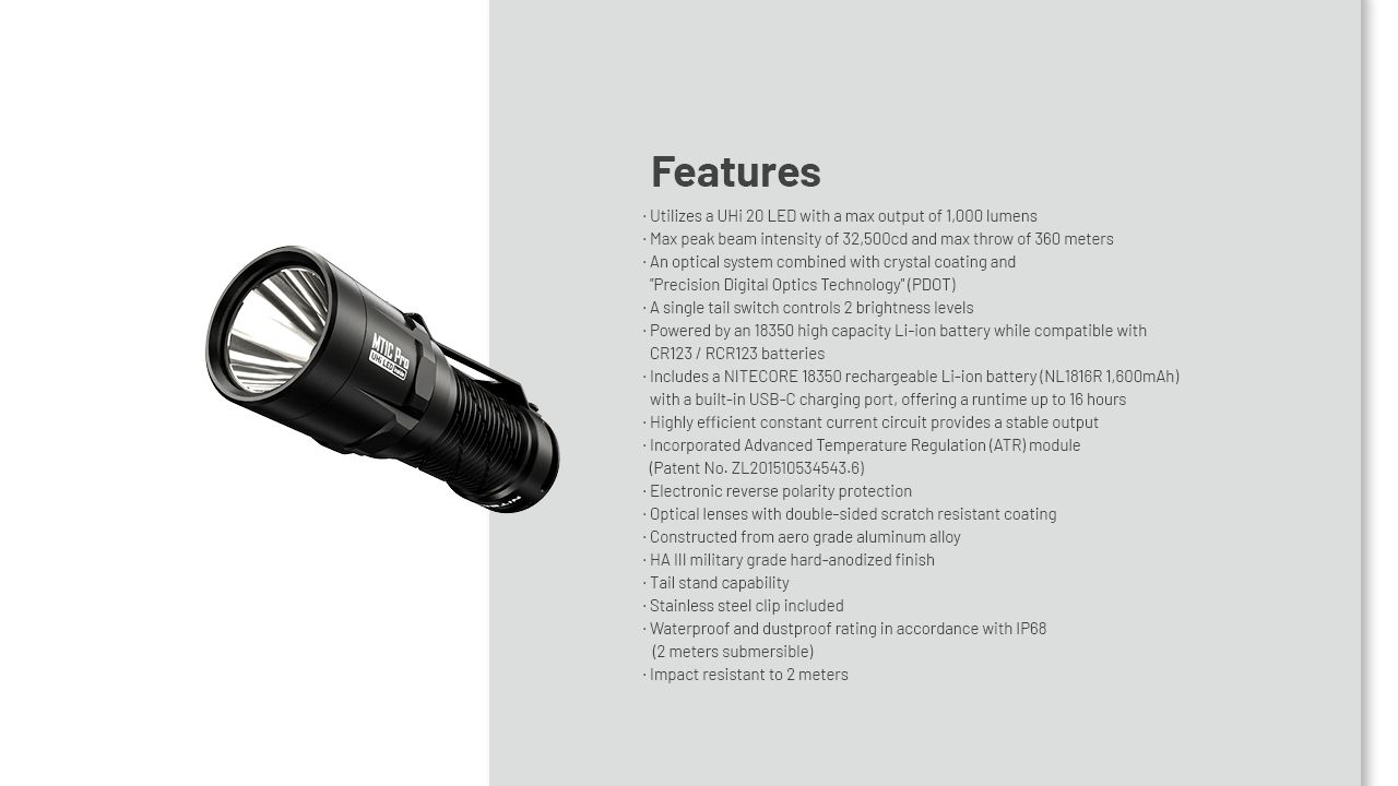 Nitecore MT1C Pro Linterna EDC 1000 Lúmenes Compacta y Duradera Linterna de Senderismo y Emergencia Haz de 360 m