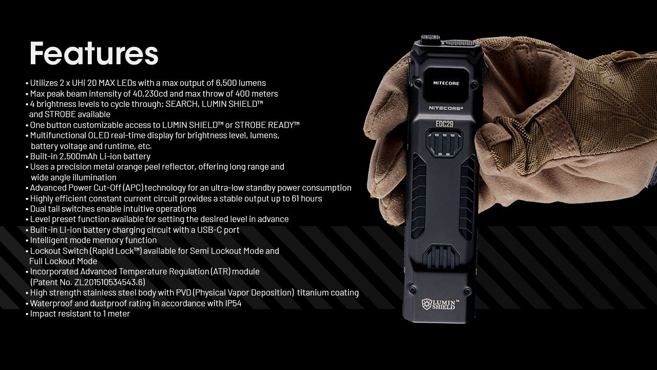 Linterna recargable USB-C NITECORE EDC29 6500 lúmenes LEDs UHi 20 MAX alta luminosidad para aventuras y urbano