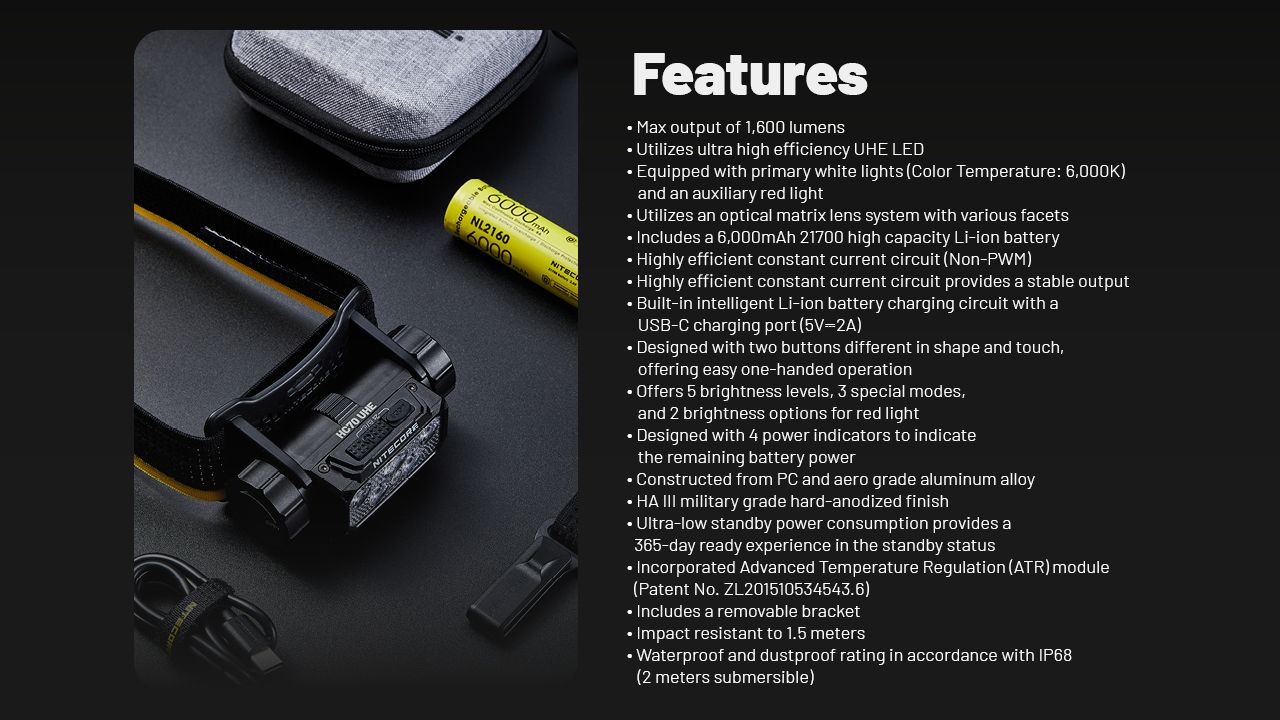 NITECORE HC70 UHE USB-C Recargable Linterna Frontal de Trabajo 1600 Lúmenes Construcción Robusta para Aventuras al Aire Libre y Lugares de Trabajo