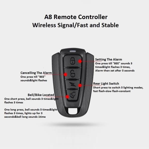 ANTUSI A8 Candado antirrobo con alarma y luz trasera de seguridad para bicicleta de carretera, con freno automático y timbre inalámbrico