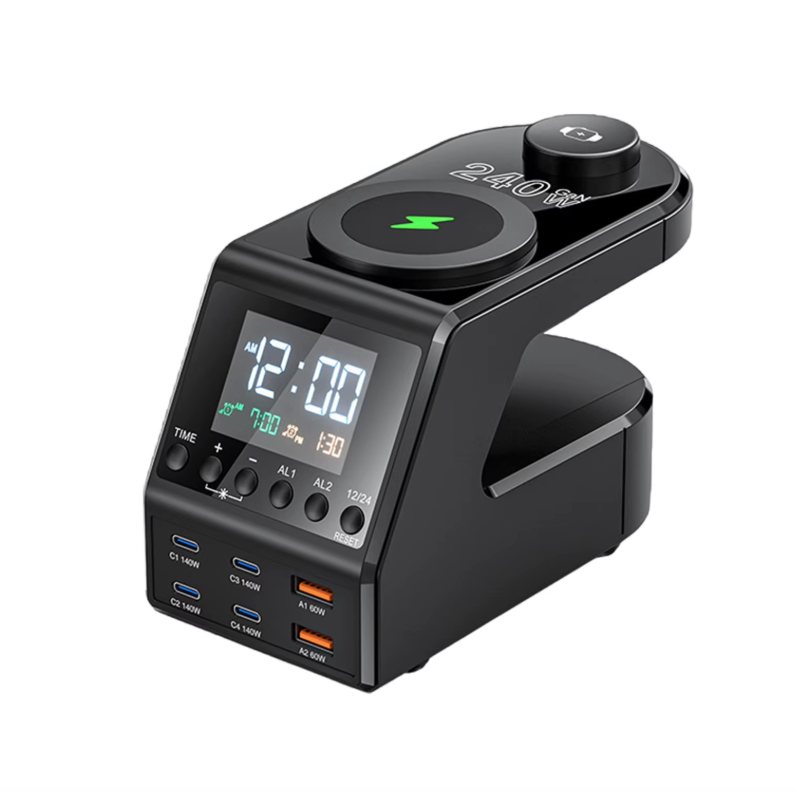 Estación de carga de 240W todo en uno con reloj digital y alarma, 4×140W PD3.1 PPS USB Tipo C cargador rápido inalámbrico