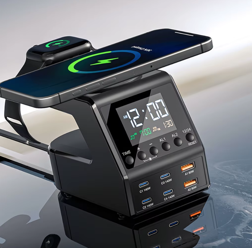 Estación de carga de 240W todo en uno con reloj digital y alarma, 4×140W PD3.1 PPS USB Tipo C cargador rápido inalámbrico