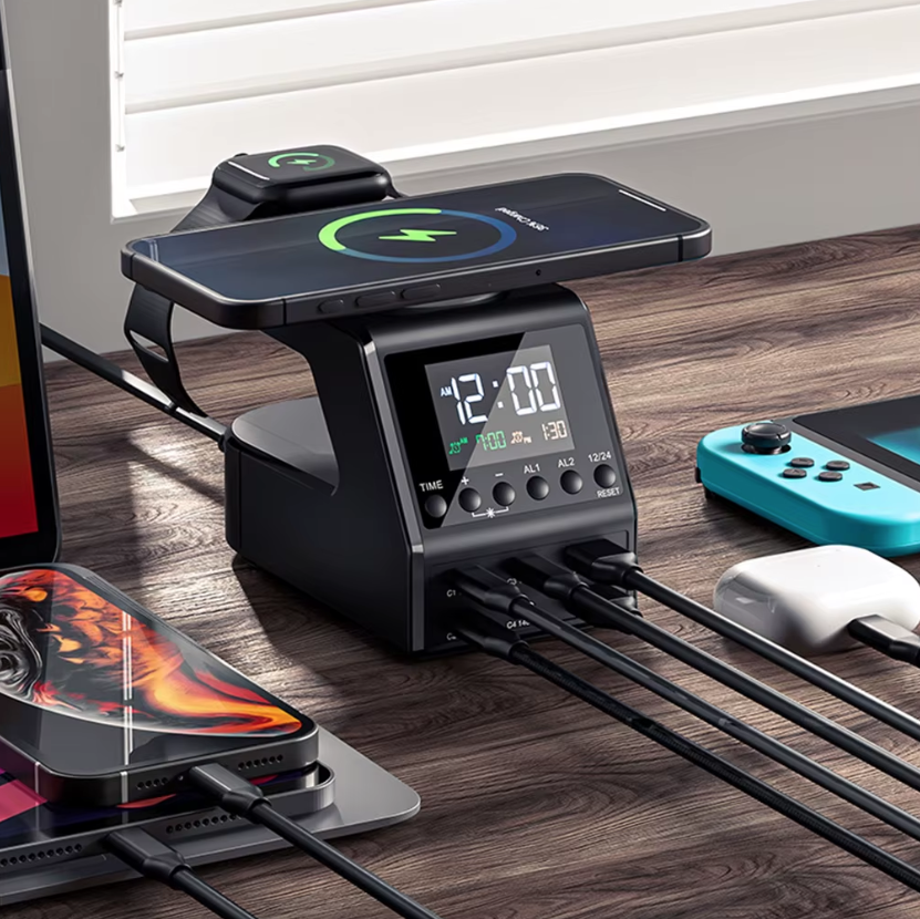 Estación de carga de 240W todo en uno con reloj digital y alarma, 4×140W PD3.1 PPS USB Tipo C cargador rápido inalámbrico