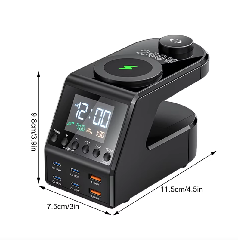 Estación de carga de 240W todo en uno con reloj digital y alarma, 4×140W PD3.1 PPS USB Tipo C cargador rápido inalámbrico